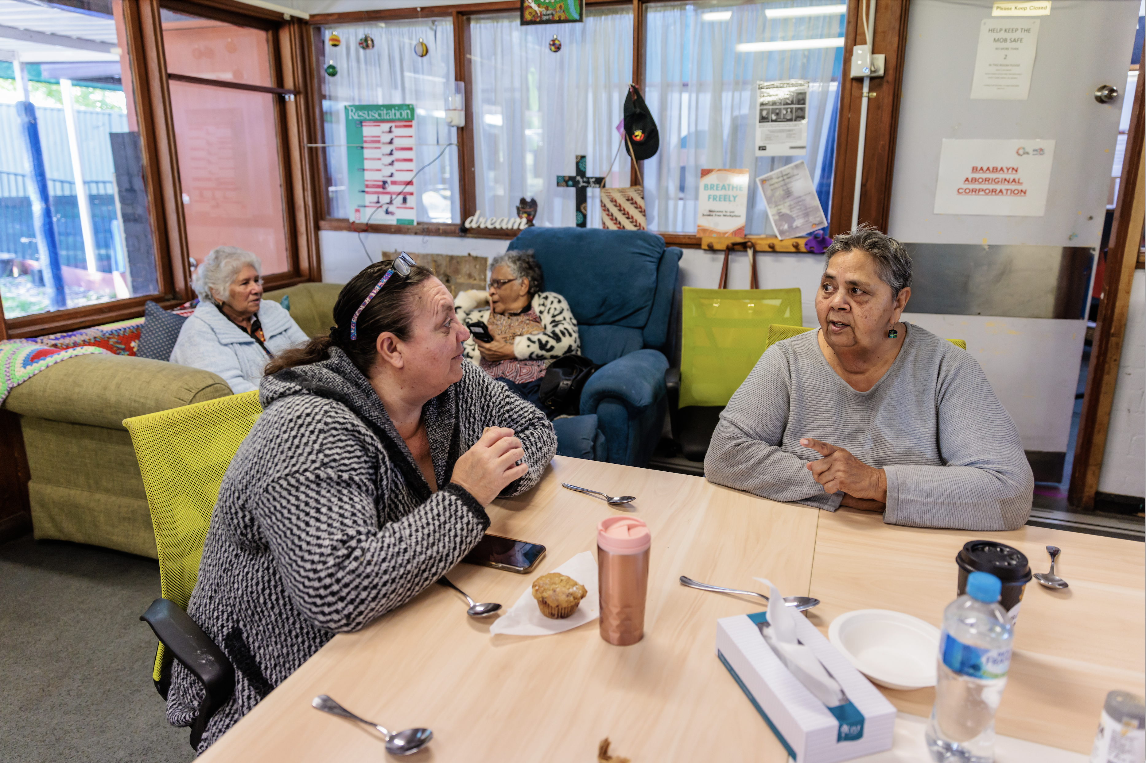 Community members chat during the weekly Elders Gathering at Baabayn Aboriginal Corporation in western Sydney. Photo Richard Wainwright, Caritas Australia
